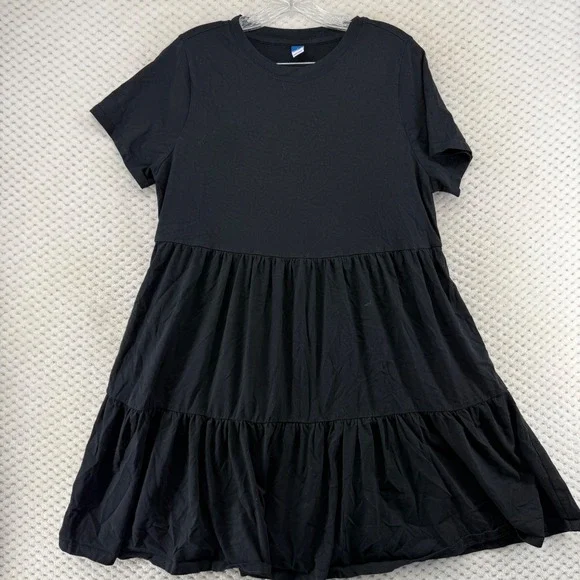 Old Navy Tiered Knit Dress Women Large Black Short Sleeve Mini Cotton 559533-03 - Picture 2 of 9